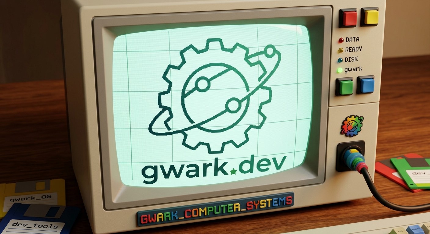 A beige desktop computer with a phosphor-green screen showing the gwark.dev gear-and-orbit logo, a row of indicator lamps, and floppy disks on the desk.